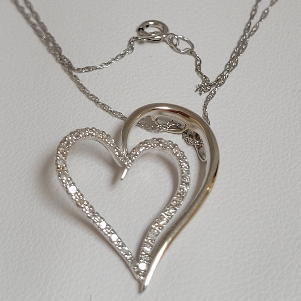 14k White Gold Diamond Romantic Heart Pendant & 10k Chain, 18" L.
